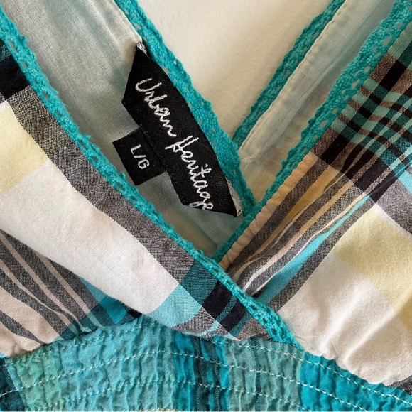 Urban Heritage | Blue Plaid Cotton Summer Dress. V Neck. Size Large - Picture 2 of 4